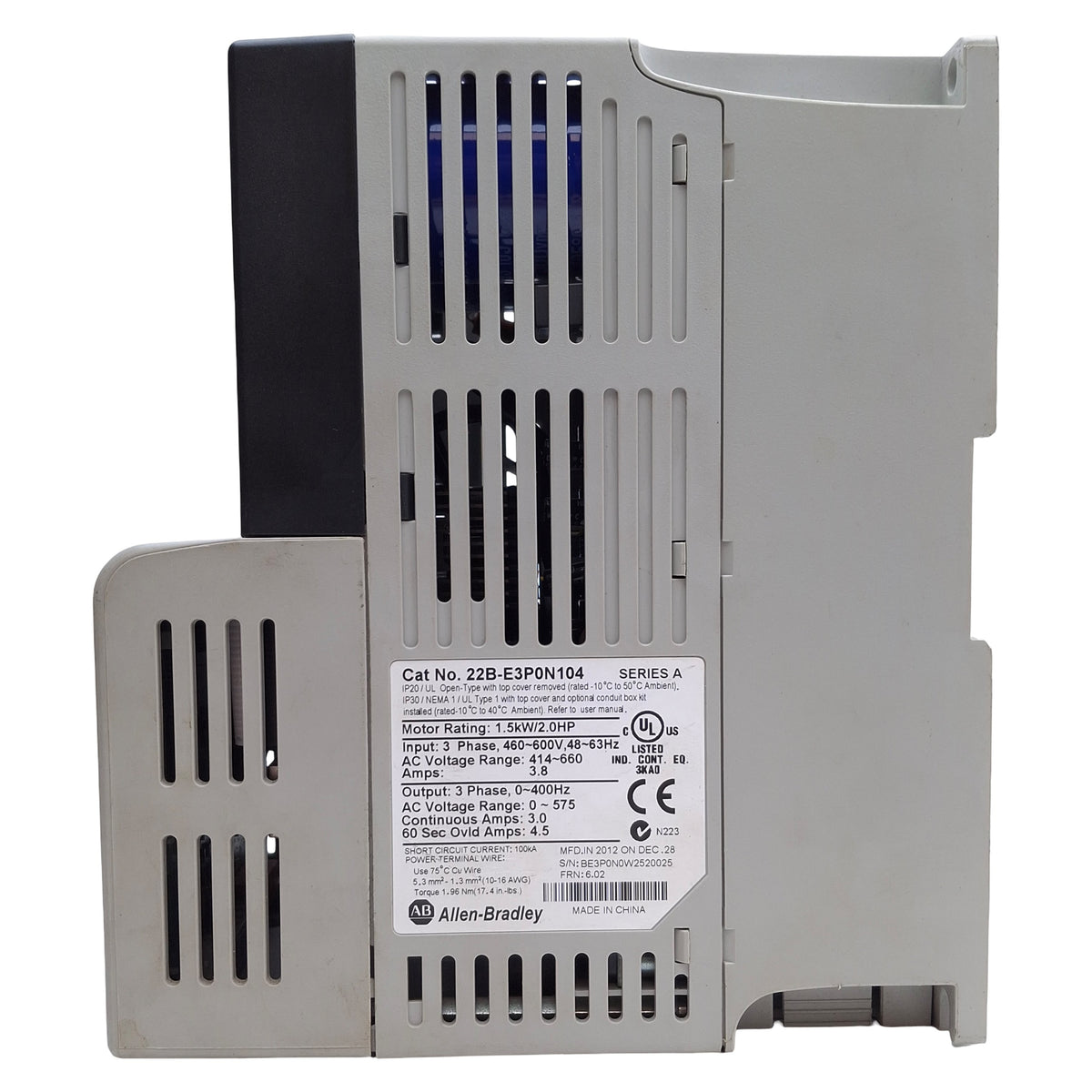 Used Allen Bradley 22B-E3P0N104 PowerFlex 40 AC Variable Frequency Drive 2HP 600V 3Ø