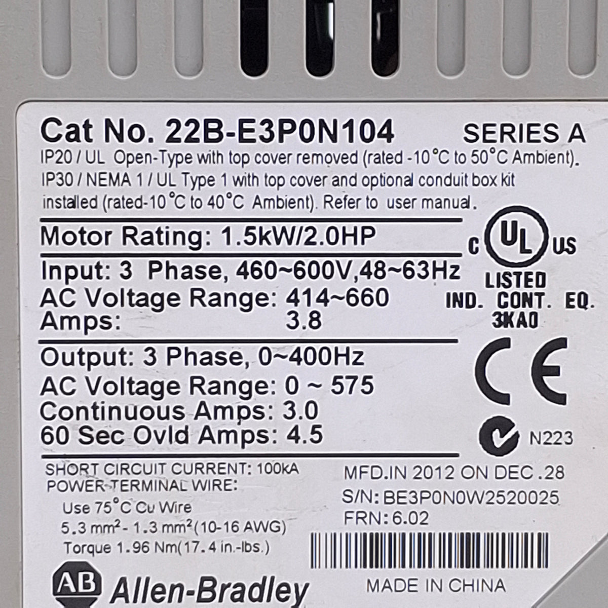 Used Allen Bradley 22B-E3P0N104 PowerFlex 40 AC Variable Frequency Drive 2HP 600V 3Ø