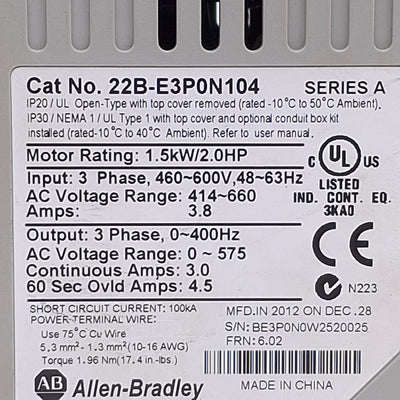 Used Allen Bradley 22B-E3P0N104 PowerFlex 40 AC Variable Frequency Drive 2HP 600V 3Ø