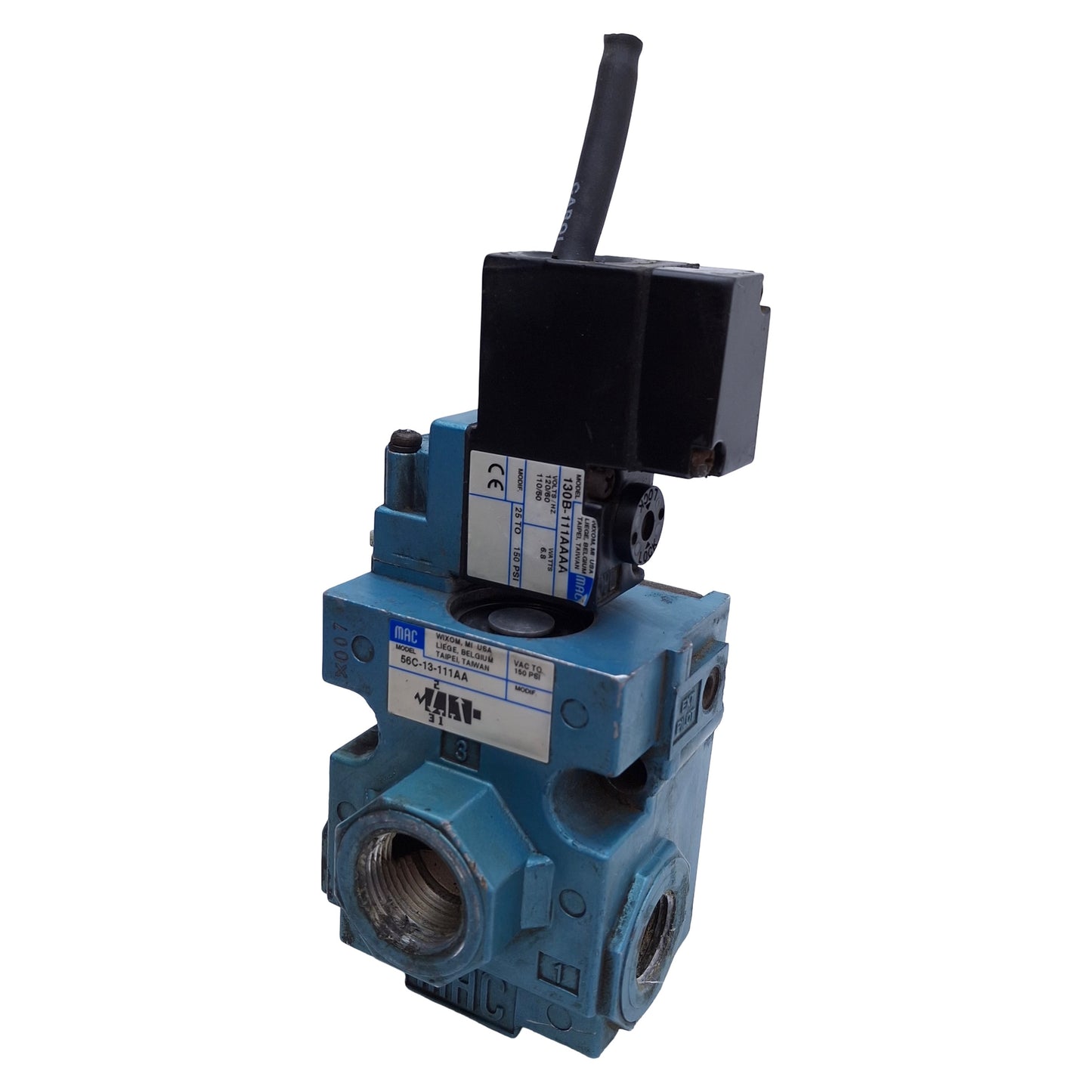 Used MAC 56C-13-111AA Solenoid Valve 3-Position 2-Way, 1/2" NPT Port, 120VAC Coil