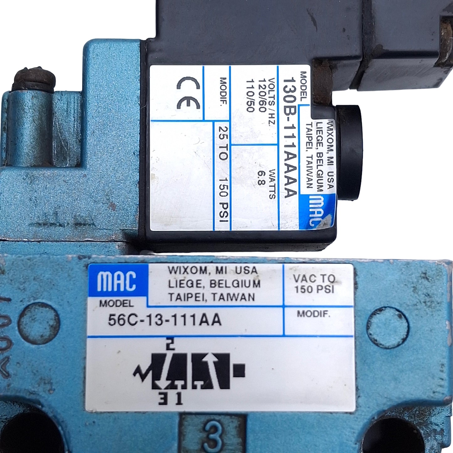 Used MAC 56C-13-111AA Solenoid Valve 3-Position 2-Way, 1/2" NPT Port, 120VAC Coil