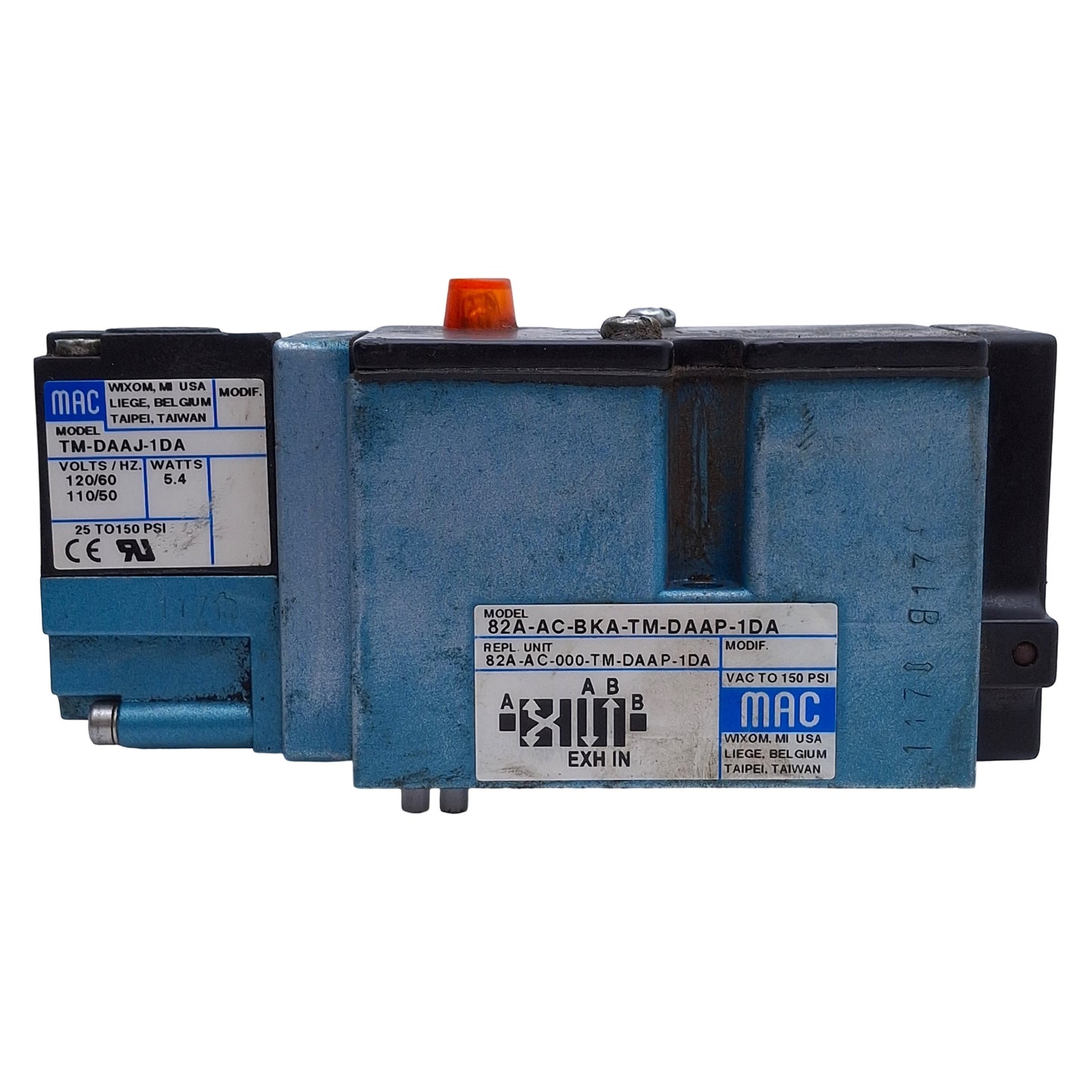 Used MAC 82A-AC-000-TM-DAAP-1DA Solenoid Valve 4-Port 2-Position, 120VAC Coil
