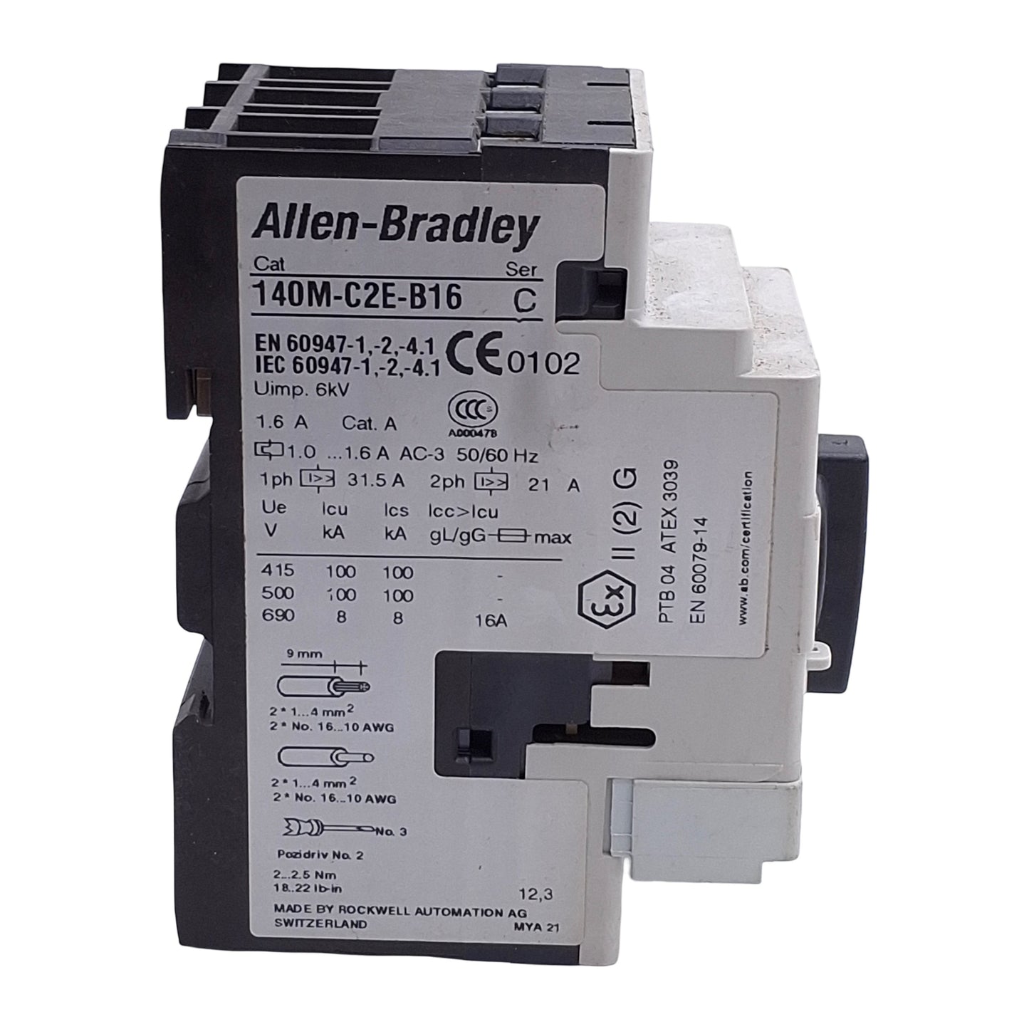 Used Allen Bradley 140M-C2E-B16 3-Pole Motor Protector Circuit Breaker w/140M-C-AFA11