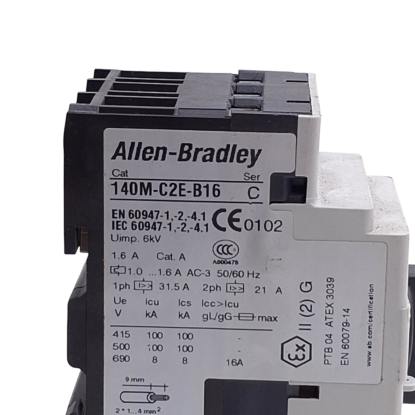 Used Allen Bradley 140M-C2E-B16 3-Pole Motor Protector Circuit Breaker w/140M-C-AFA11