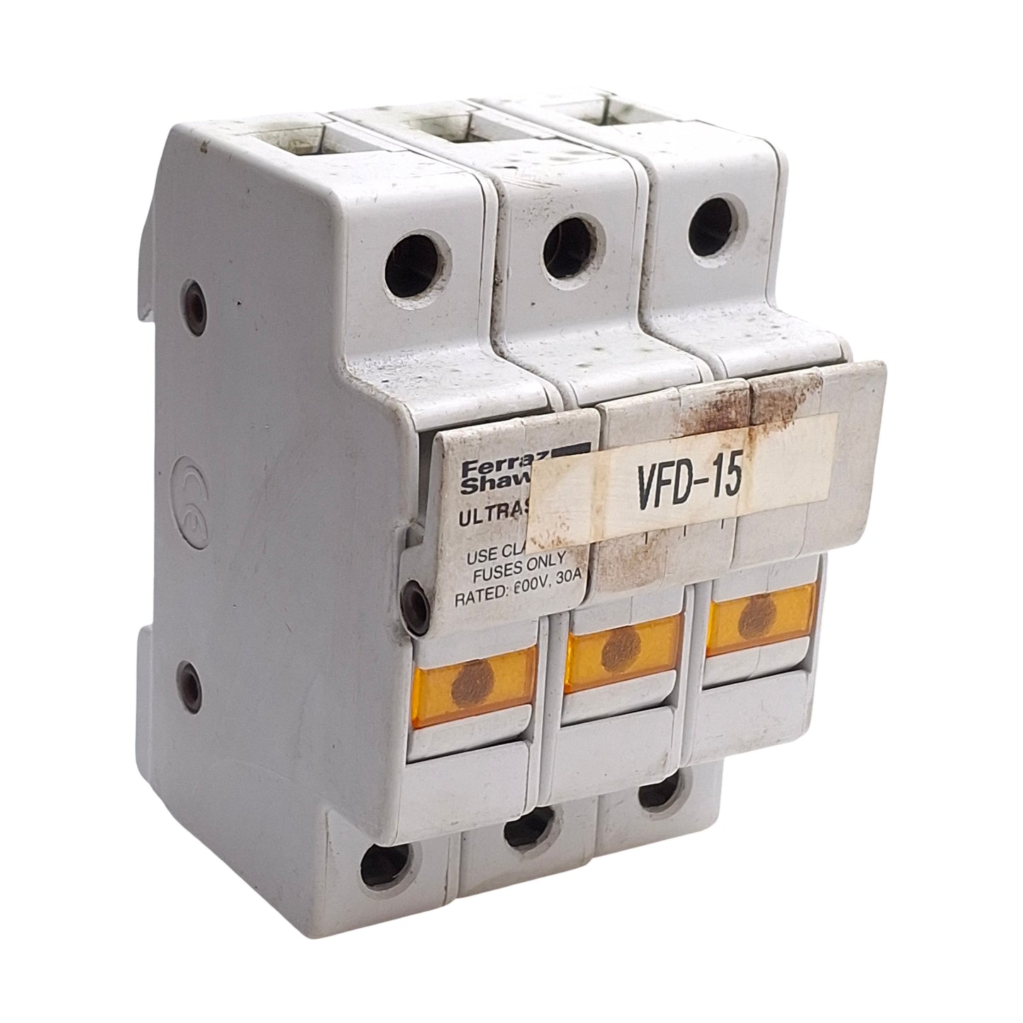 Used Ferraz Shawmut USCC3I Fuse Holder, 30A 600V, 3-Pole, Class CC Fuses