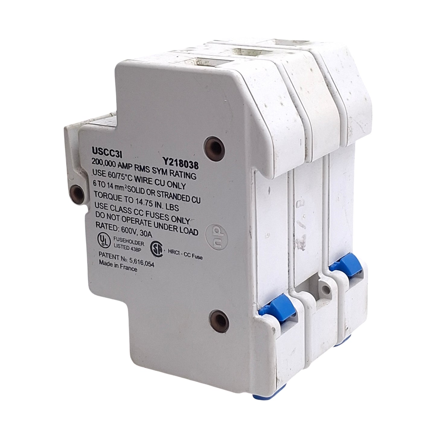 Used Ferraz Shawmut USCC3I Fuse Holder, 30A 600V, 3-Pole, Class CC Fuses