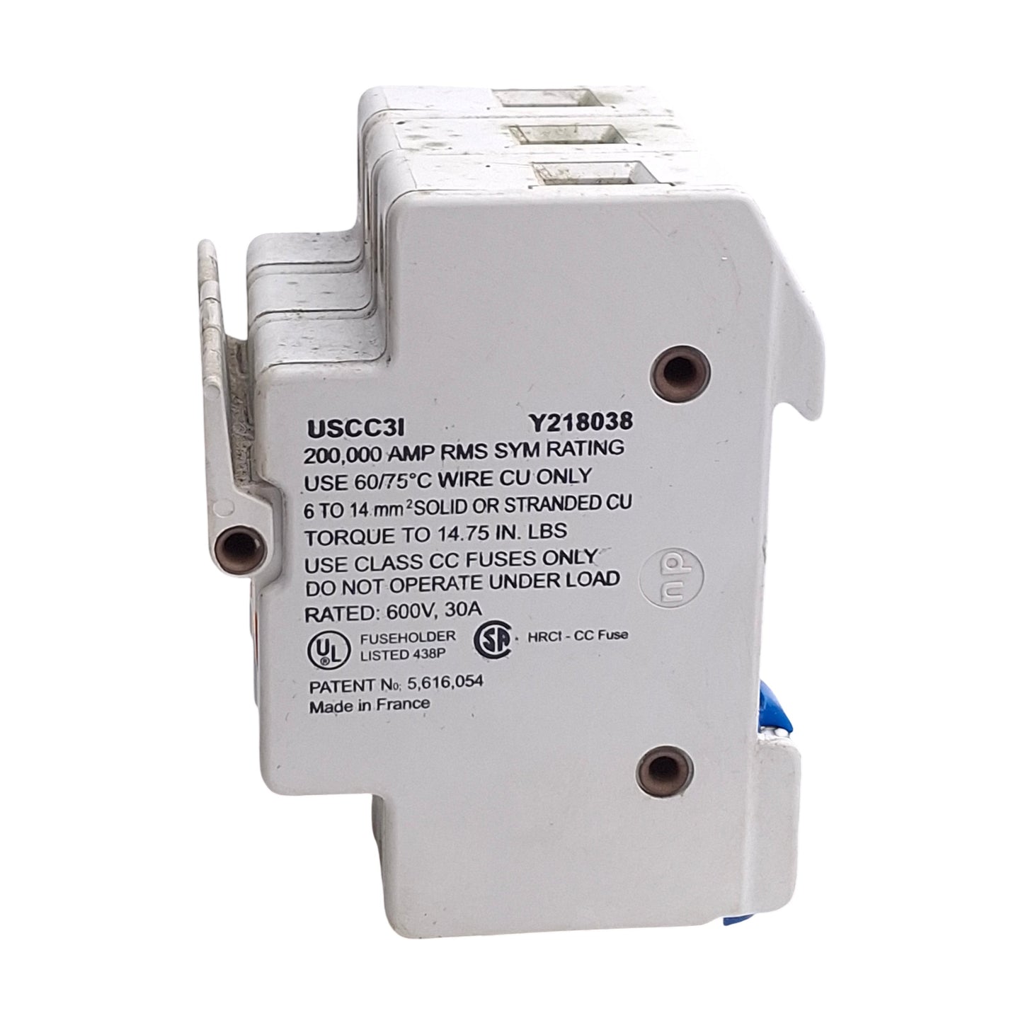 Used Ferraz Shawmut USCC3I Fuse Holder, 30A 600V, 3-Pole, Class CC Fuses