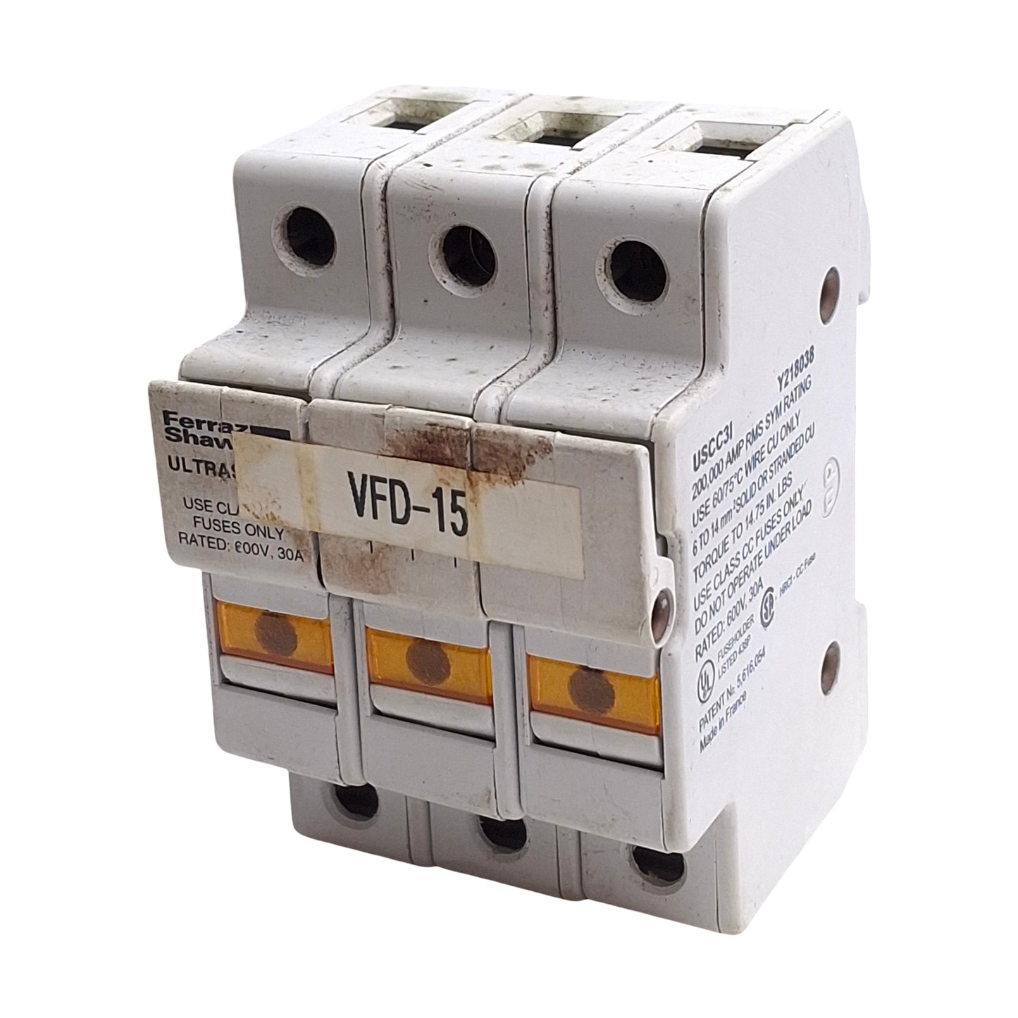 Used Ferraz Shawmut USCC3I Fuse Holder, 30A 600V, 3-Pole, Class CC Fuses