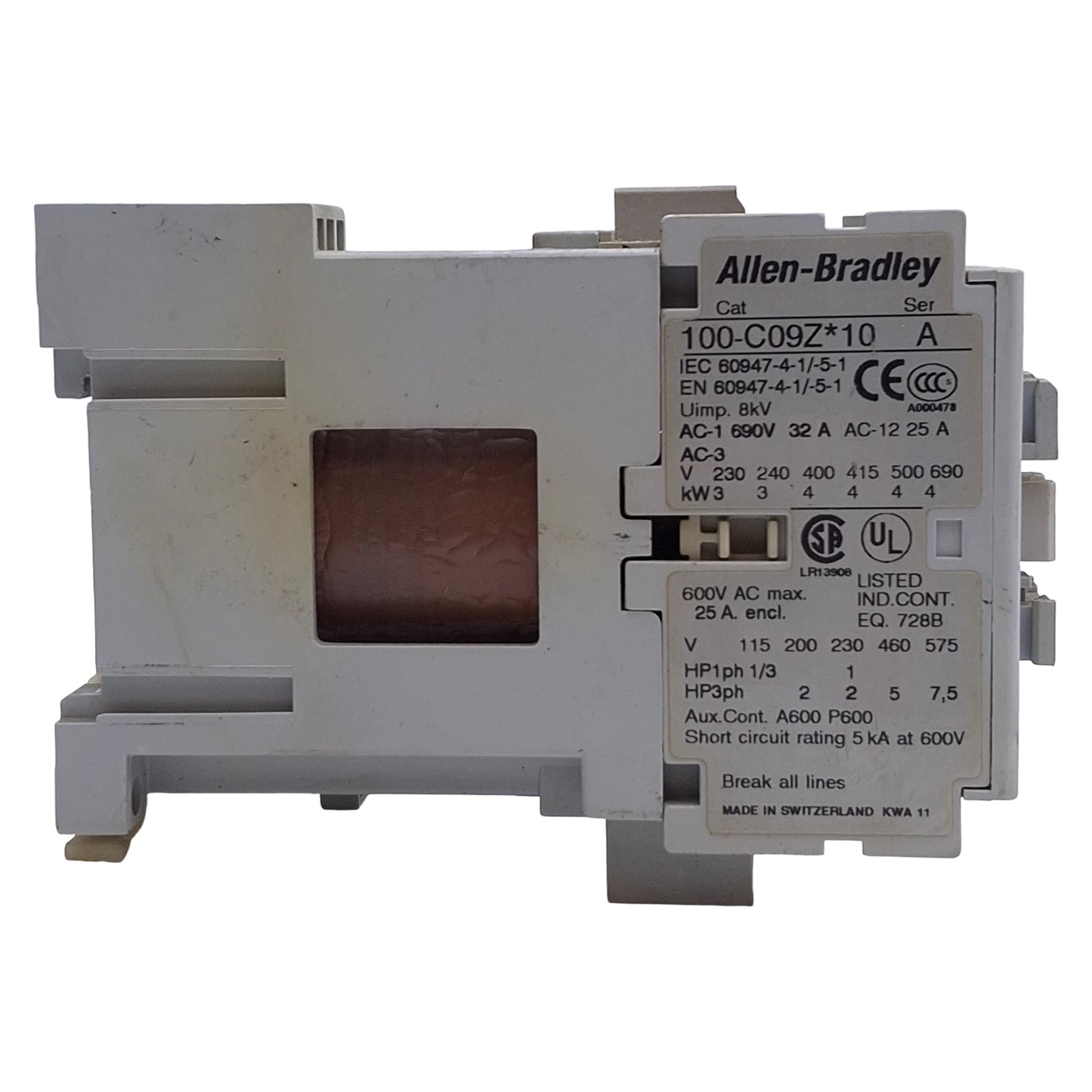 Used Allen Bradley 100-C09ZJ10 Contactor 3-Pole, 1NO, 25A 600VAC, 24VDC Coil