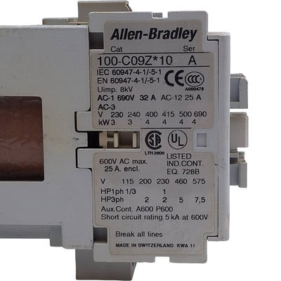 Used Allen Bradley 100-C09ZJ10 Contactor 3-Pole, 1NO, 25A 600VAC, 24VDC Coil