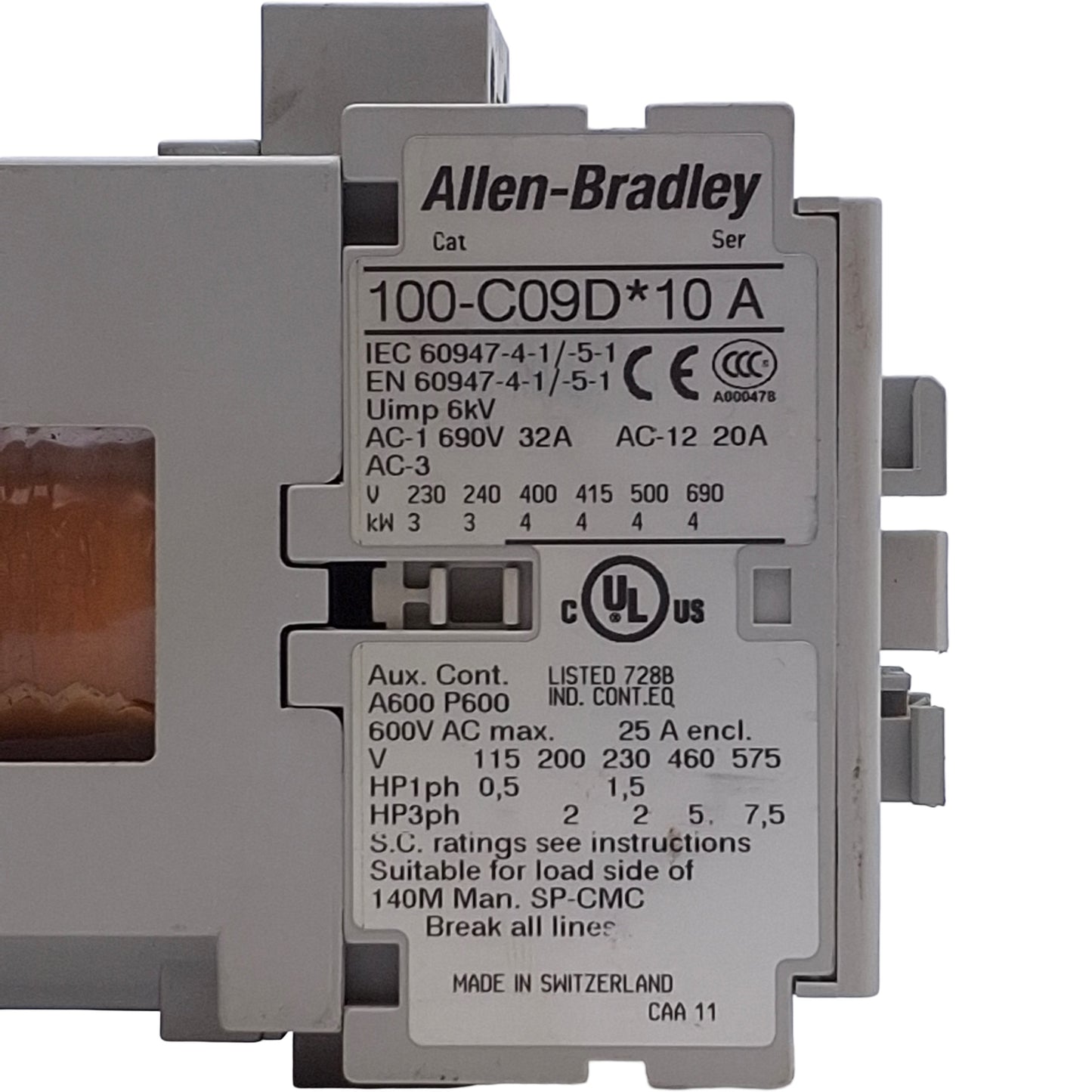 Used Allen Bradley 100-C09DJ10 Contactor 3-Pole, 1NO, 25A 600VAC, 24VDC Coil