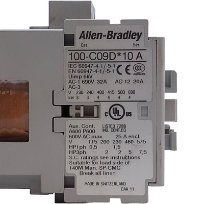 Used Allen Bradley 100-C09DJ10 Contactor 3-Pole, 1NO, 25A 600VAC, 24VDC Coil