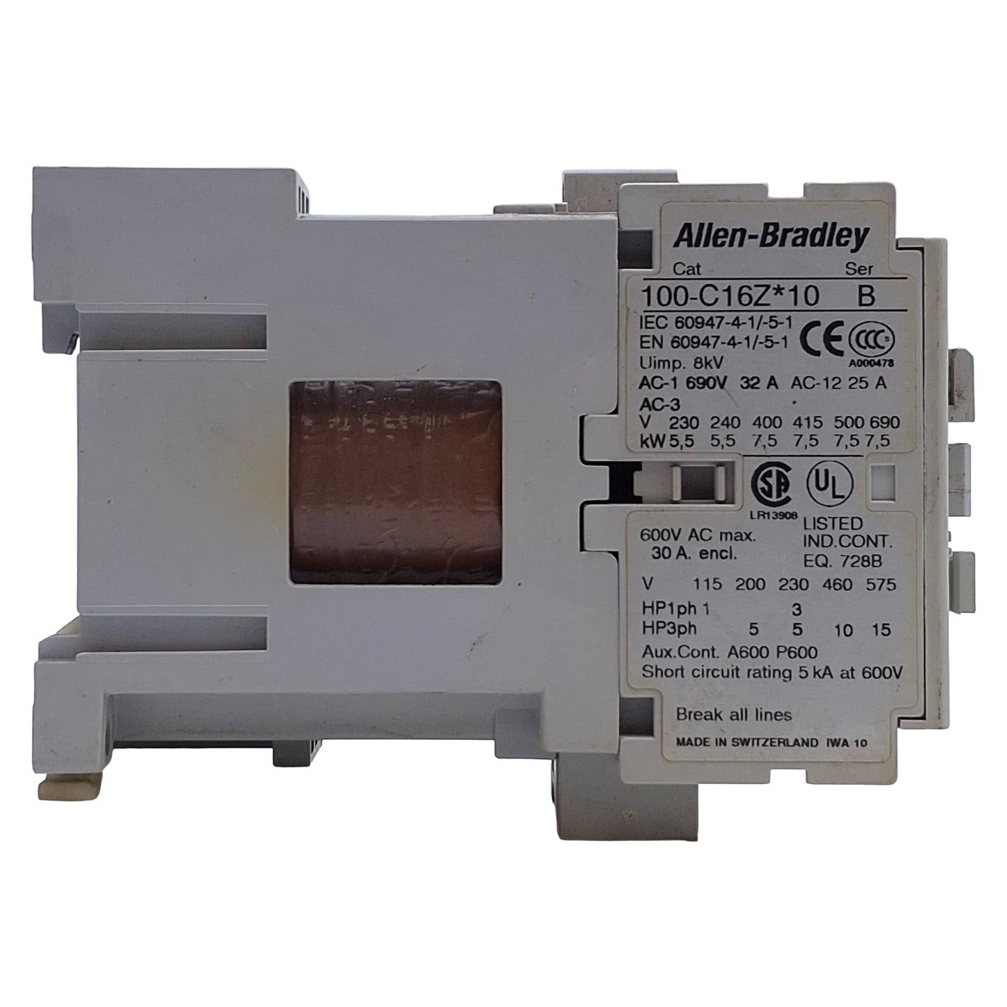 Used Allen Bradley 100-C16ZJ10 Contactor 3-Pole, 1NO, 30A 600VAC, 24VDC Coil
