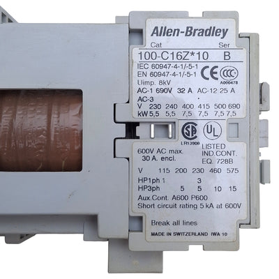 Used Allen Bradley 100-C16ZJ10 Contactor 3-Pole, 1NO, 30A 600VAC, 24VDC Coil