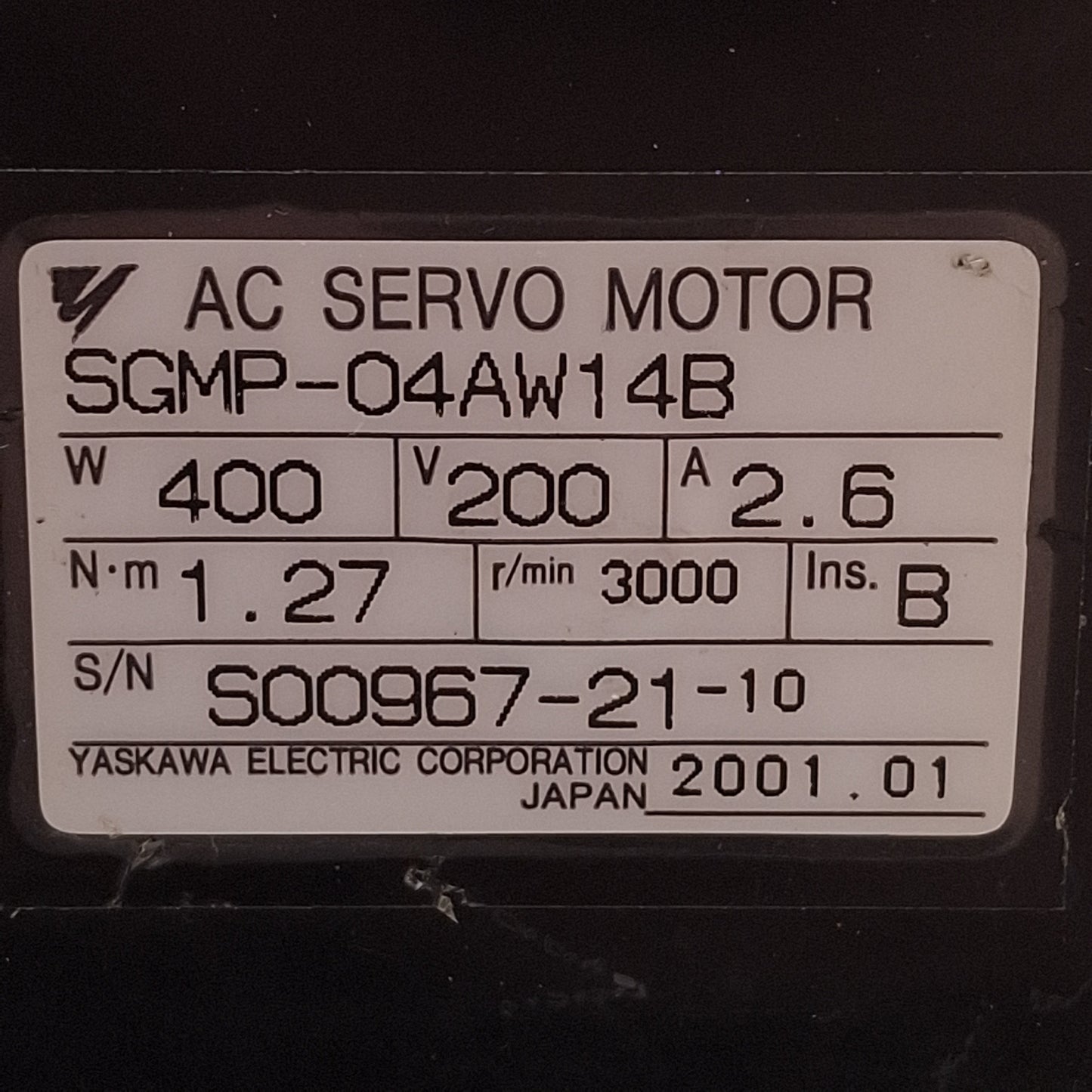 Used Yaskawa SGMP-04AW14B Servo Motor w/ Brake, 400W, 200VAC 2.6A, 3000rpm, 1024ppr