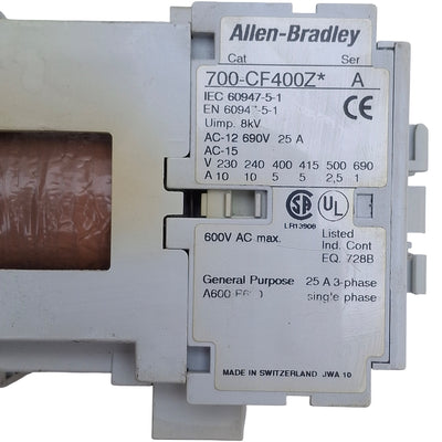 Used Allen Bradley 700-CF400ZJ Contactor 4-Pole, 4NO, 25A 600VAC, 24VDC Coil