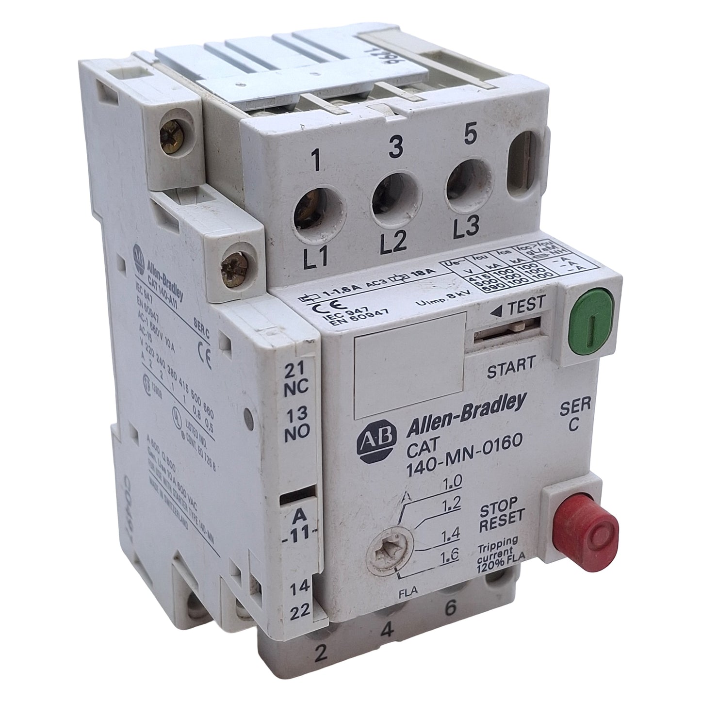 Used Allen Bradley 140-MN-0160 Manual Motor Starter W/140-A11 AUX, 1-1.6A, 115-575VAC