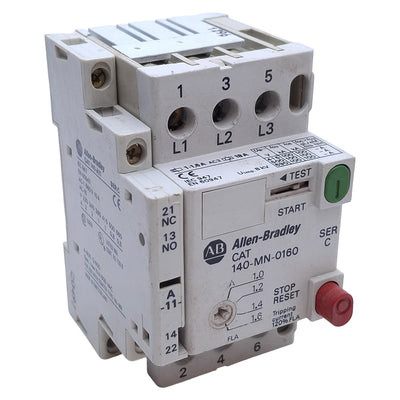Used Allen Bradley 140-MN-0160 Manual Motor Starter W/140-A11 AUX, 1-1.6A, 115-575VAC