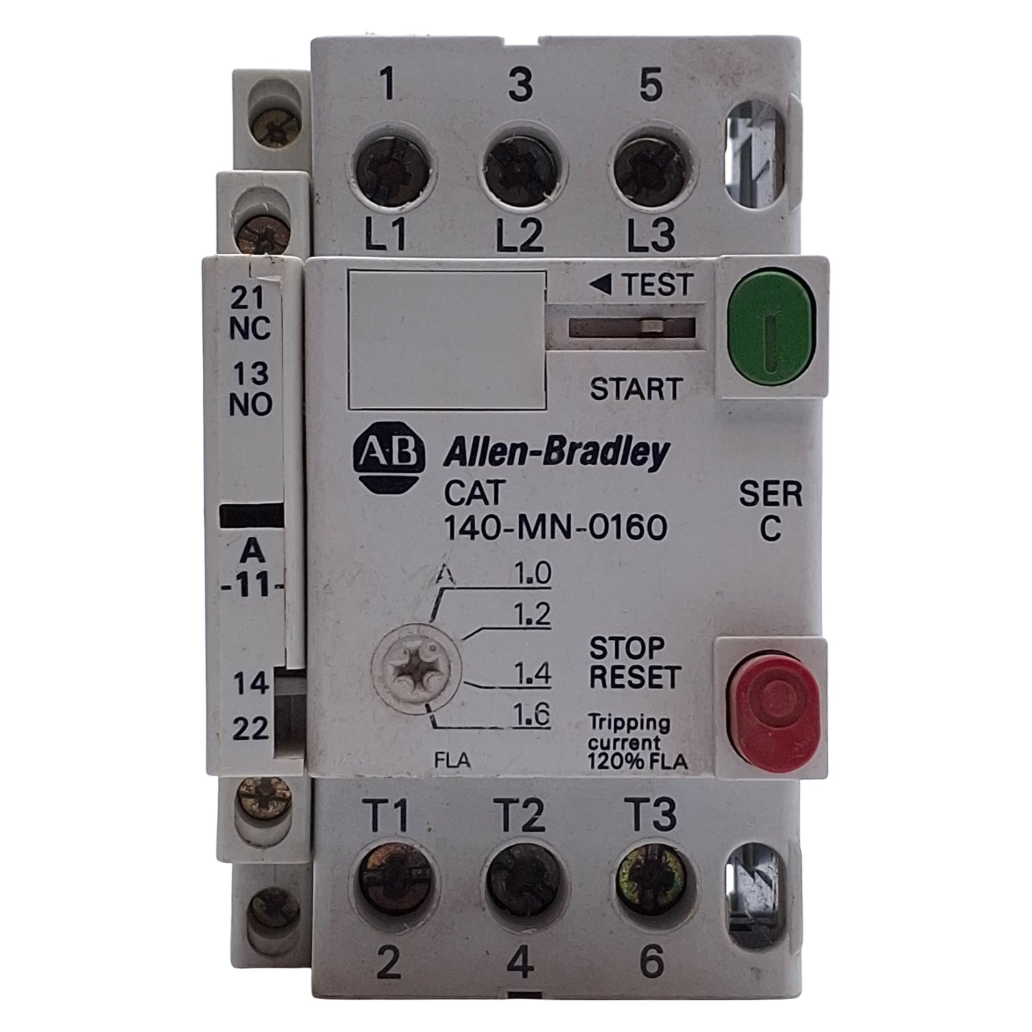 Used Allen Bradley 140-MN-0160 Manual Motor Starter W/140-A11 AUX, 1-1.6A, 115-575VAC