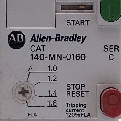 Used Allen Bradley 140-MN-0160 Manual Motor Starter W/140-A11 AUX, 1-1.6A, 115-575VAC