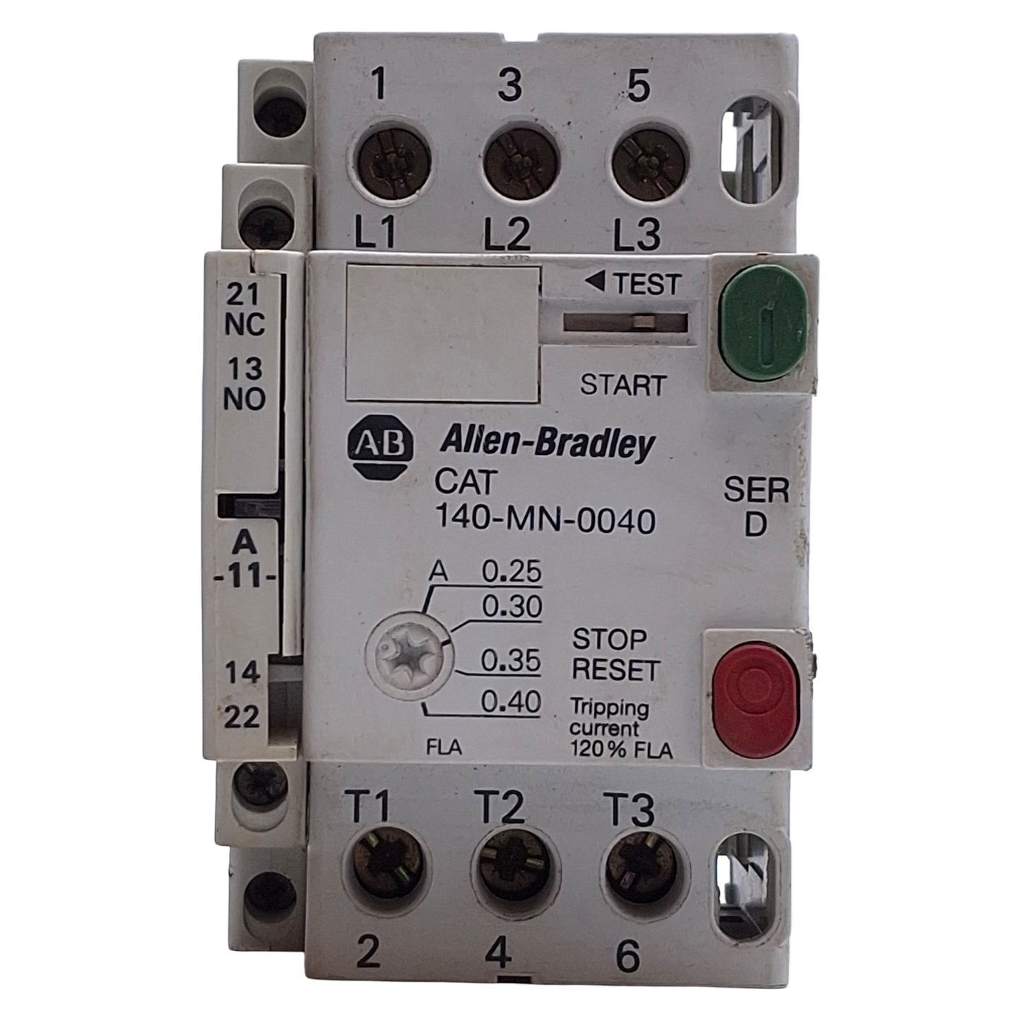 Used Allen Bradley 140-MN-0040 Manual Motor Starter w/140-A11 AUX, 0.25-0.4A