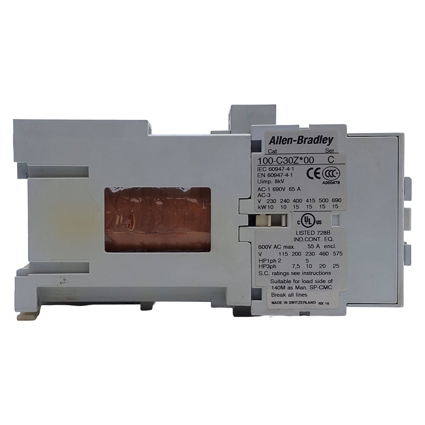 Used Allen Bradley 100-C30ZJ00 Contactor w/AUX 3-Pole, 1NO, 600VAC 30A, 24VDC Coil