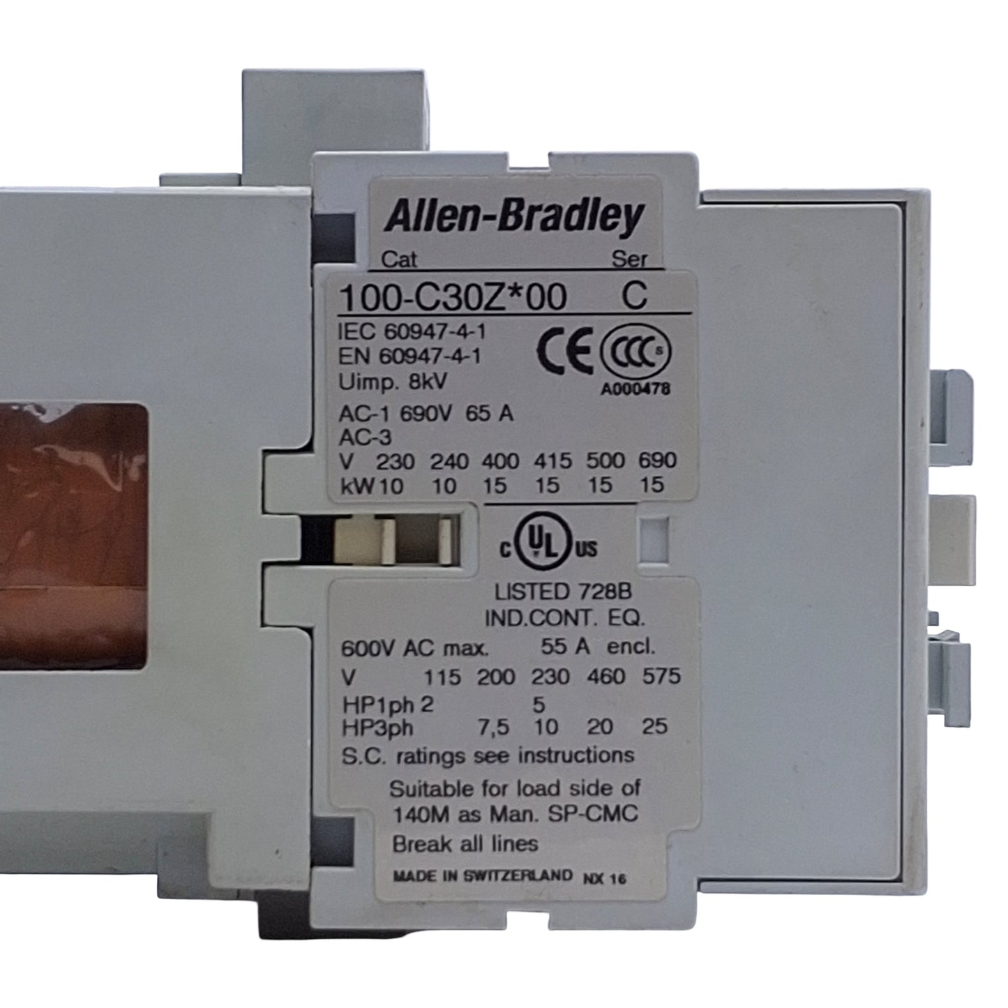 Used Allen Bradley 100-C30ZJ00 Contactor w/AUX 3-Pole, 1NO, 600VAC 30A, 24VDC Coil