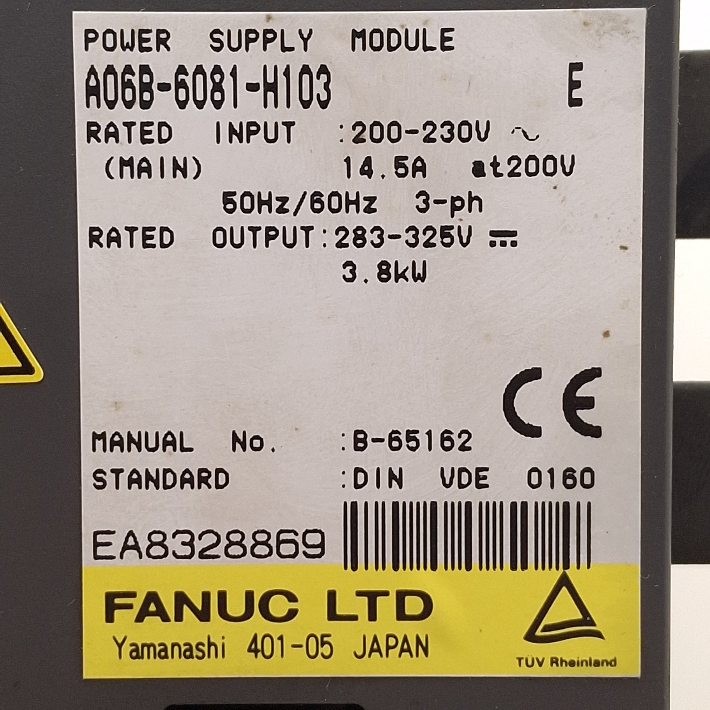 Used Fanuc A06B-6081-H103 Power Supply Module, 3.8kW, 3Ø 200-230VAC 14.5A Input