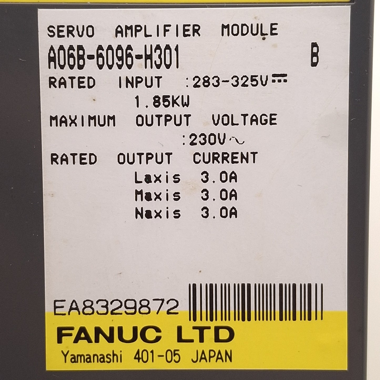 Used Fanuc A06B-6096-H301 Servo Amplifier Module, 1.85kW, 283-325VDC In, 230VAC Out
