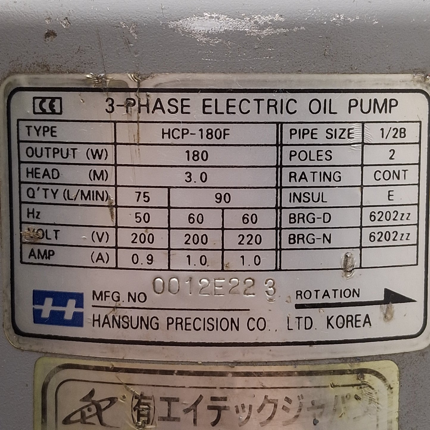 Used Hansung HCP-180F Oil Pump, 180W, 3Ø 200-220VAC, 3.0m Head, 90L/min, 1/2in PT