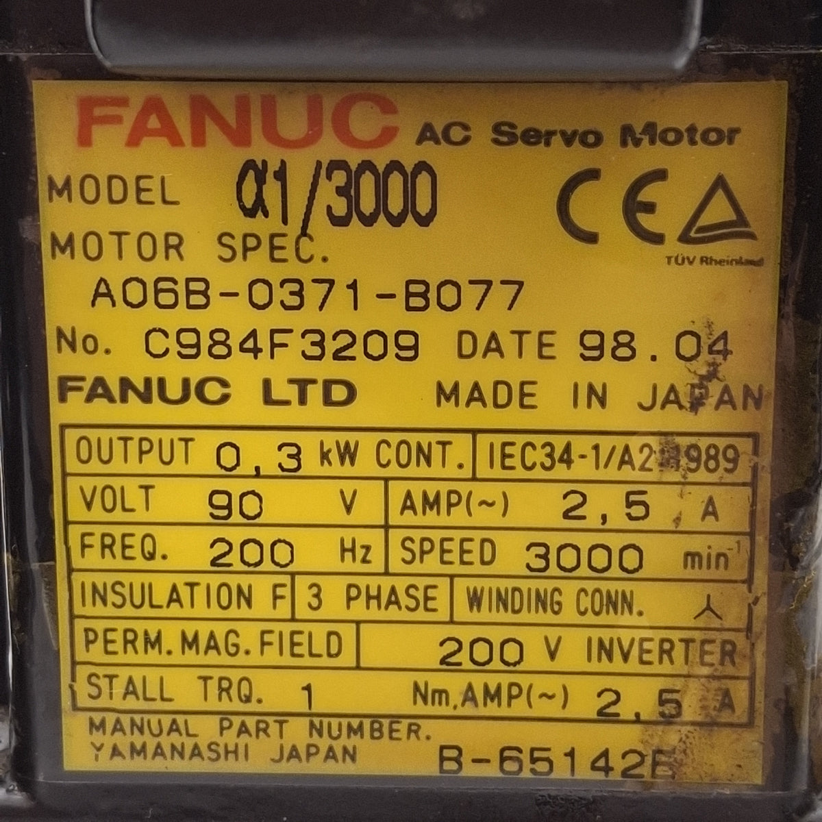 Used Fanuc A06B-0371-B077 α1/3000 AC Servo Motor, 0.3kW, 3Ø 90VAC 2.5A 200Hz, 3000rpm