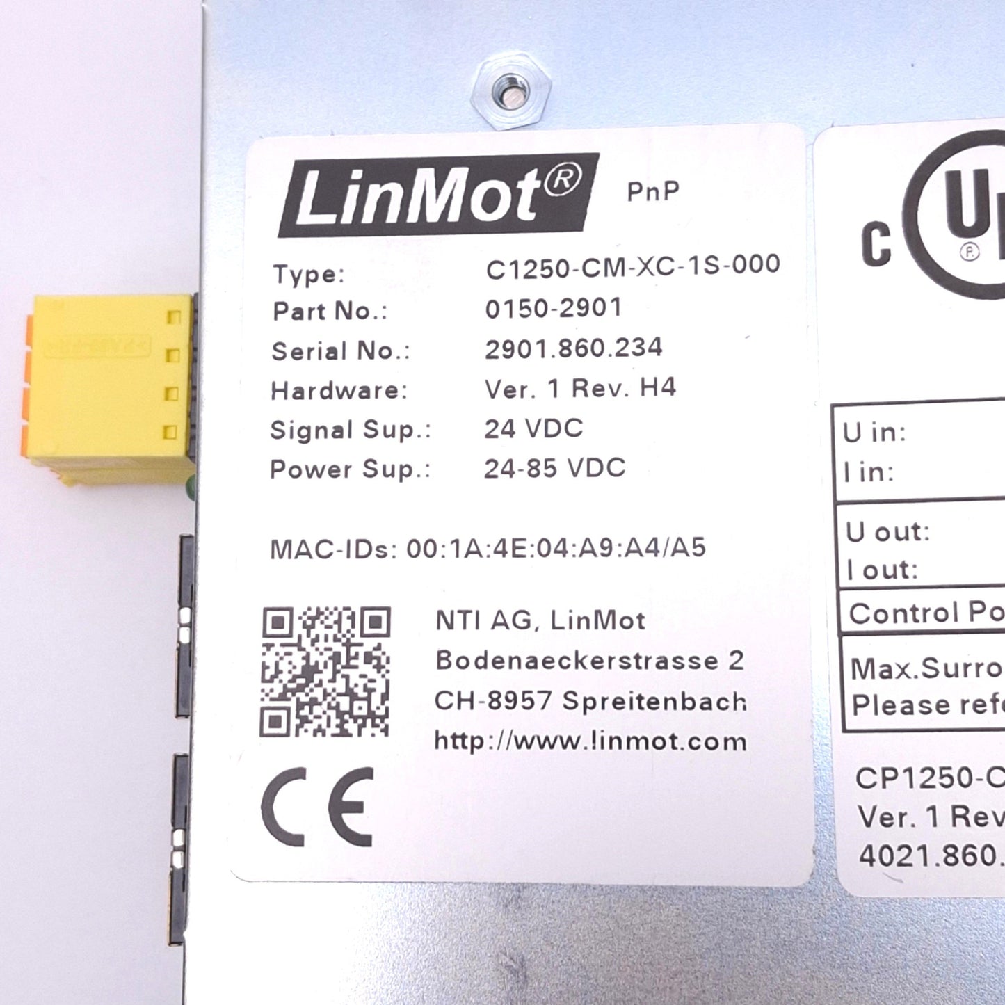 Used LinMot C1250-CM-XC-1S-000 Servo Drive, CIP Sync, 72VDC 6.5A In, 43VAC 5A Out