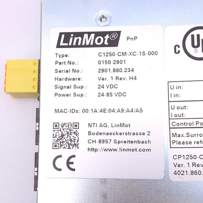 Used LinMot C1250-CM-XC-1S-000 Servo Drive, CIP Sync, 72VDC 6.5A In, 43VAC 5A Out