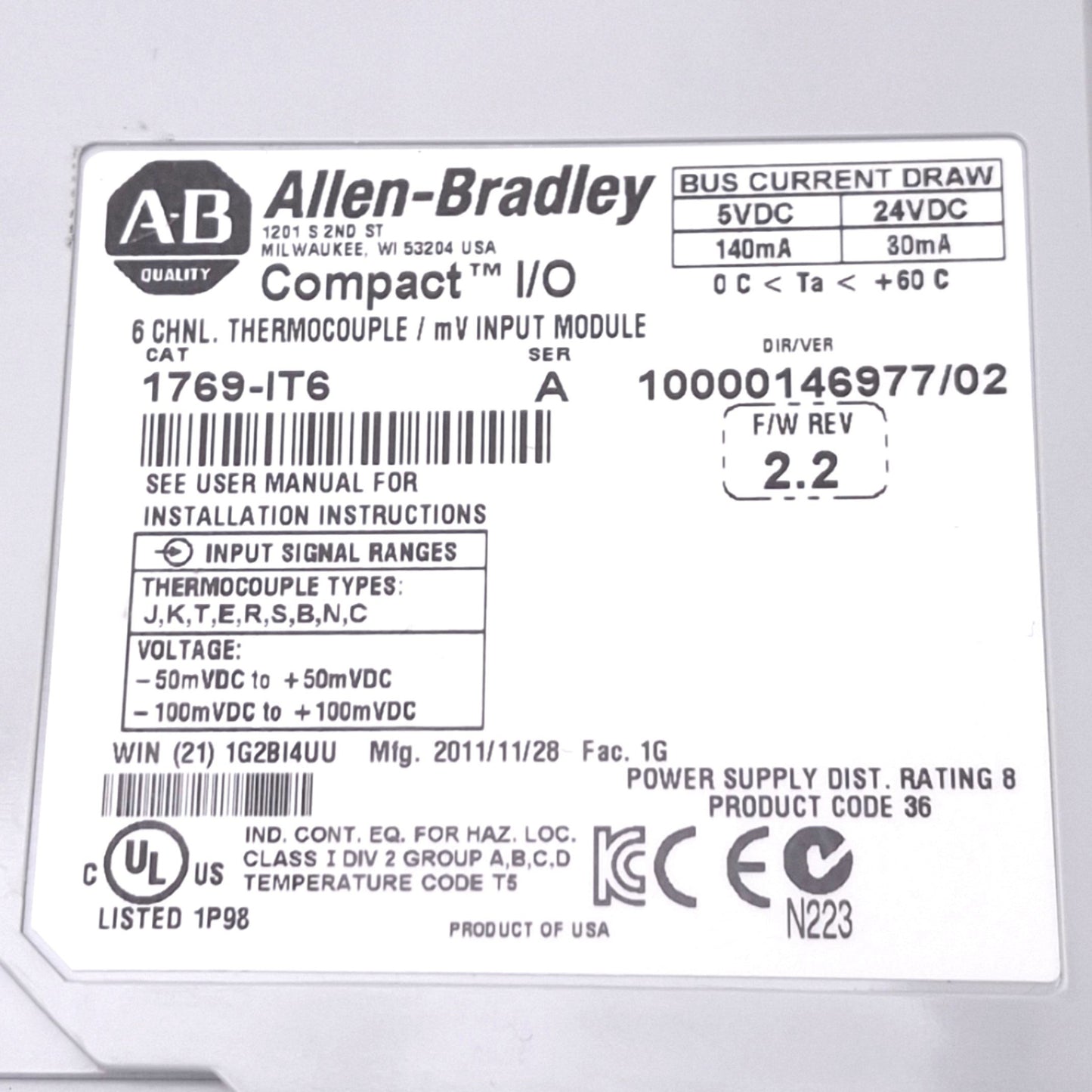 Used Allen Bradley 1769-IT6 Compact I/O Thermocouple/mV Input Module, +-100mVDC