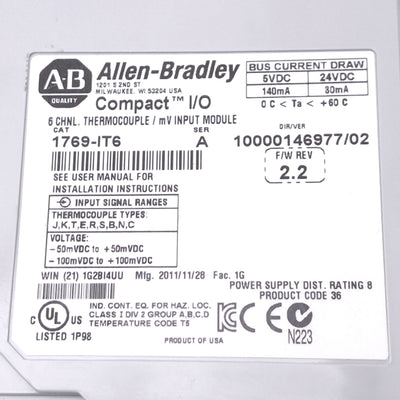 Used Allen Bradley 1769-IT6 Compact I/O Thermocouple/mV Input Module, +-100mVDC