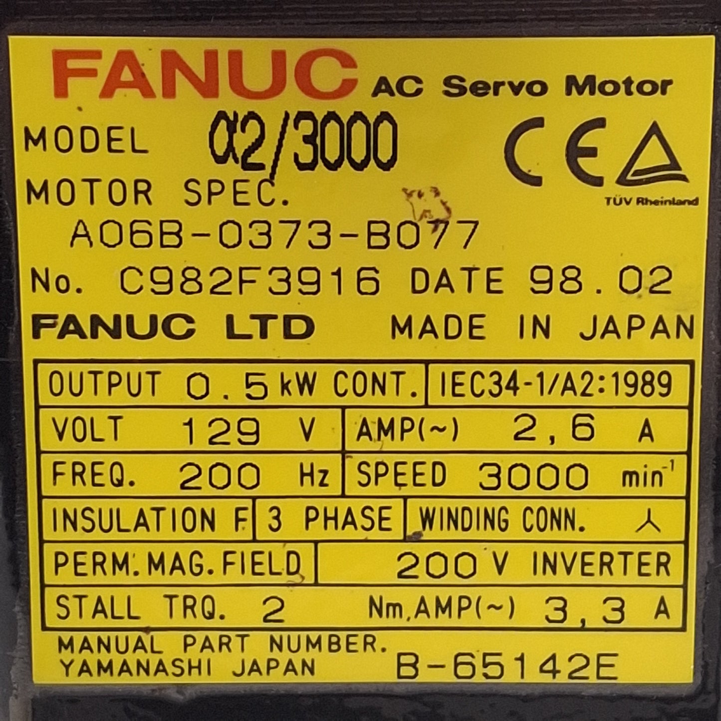 Used Fanuc A06B-0373-B077 α2/3000 Servo Motor 0.5kW 3Ø 129VAC 2.6A 200Hz *No Encoder*