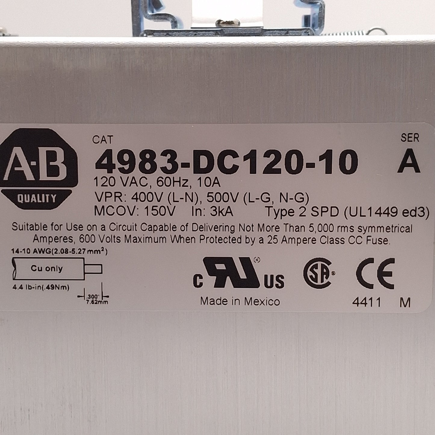 Used Allen Bradley 4983-DC120-10 Filter/Surge Protective Device, 120VAC 10A, DIN Rail