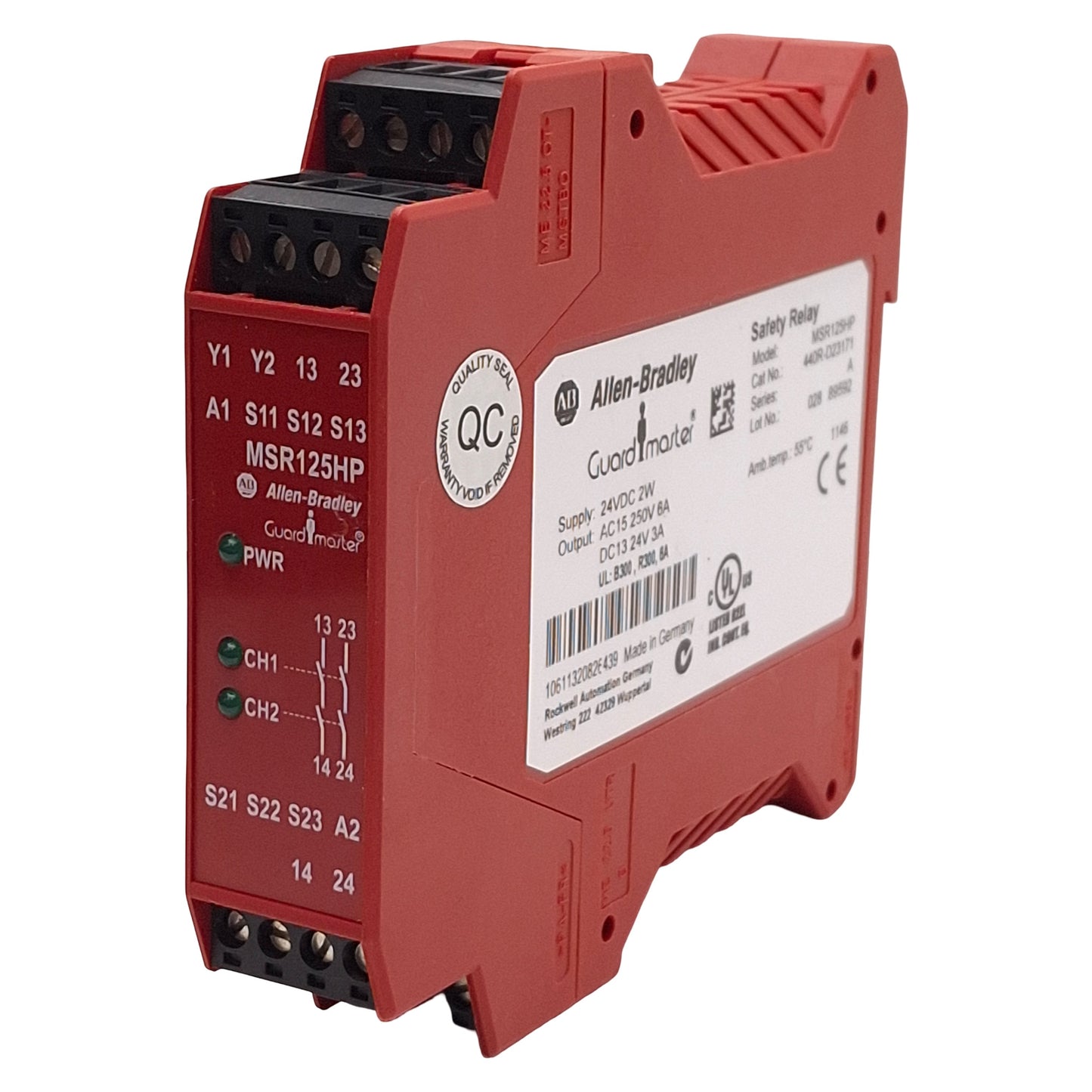 Used Allen Bradley 440R-D23171 Guardmaster Safety Relay, 2NO+2NC In, 2NO Out, 24VDC