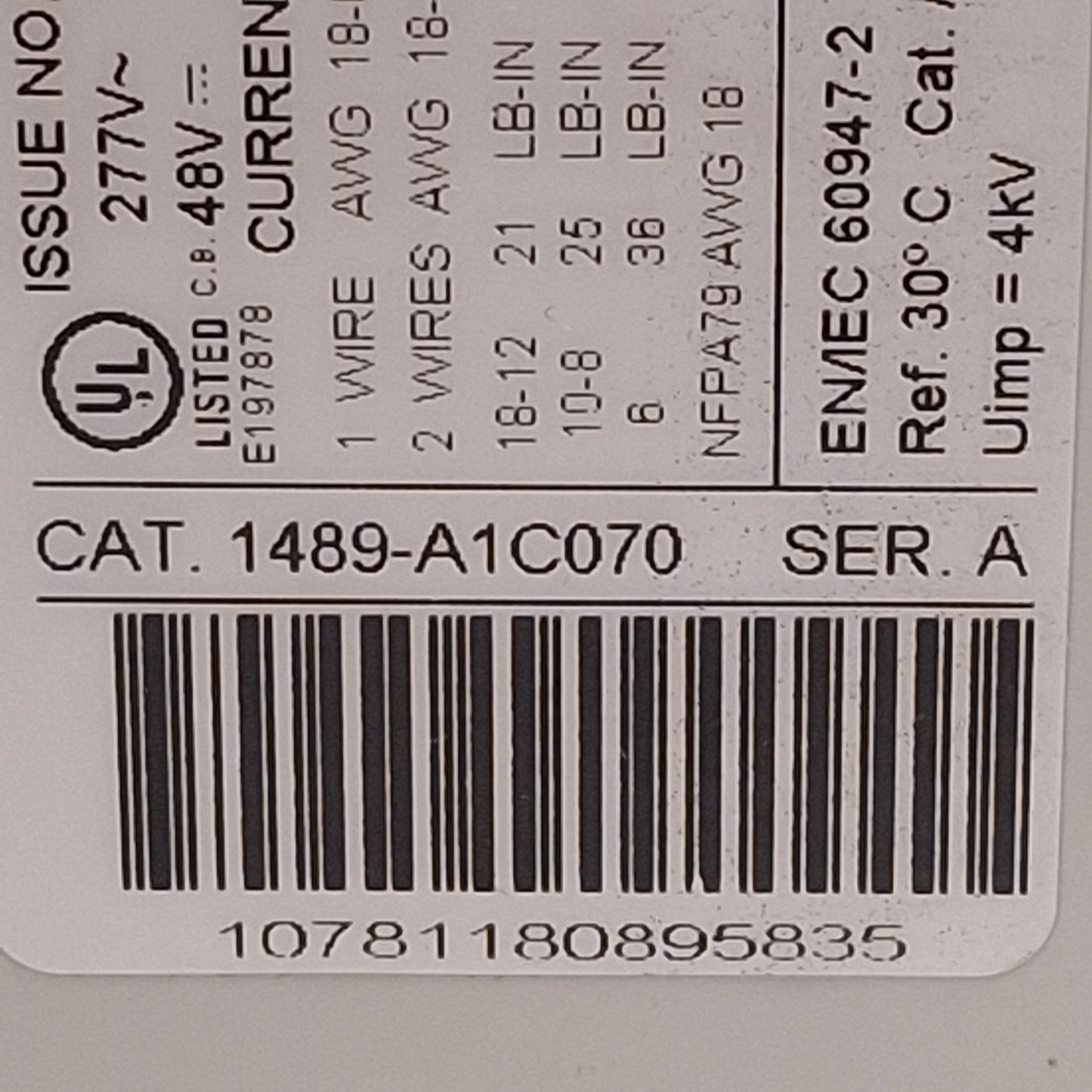 Used Lot of 2 Allen Bradley 1489-A1C070 Circuit Breaker, 1P, 7A 277VAC/48VDC, C-Curve