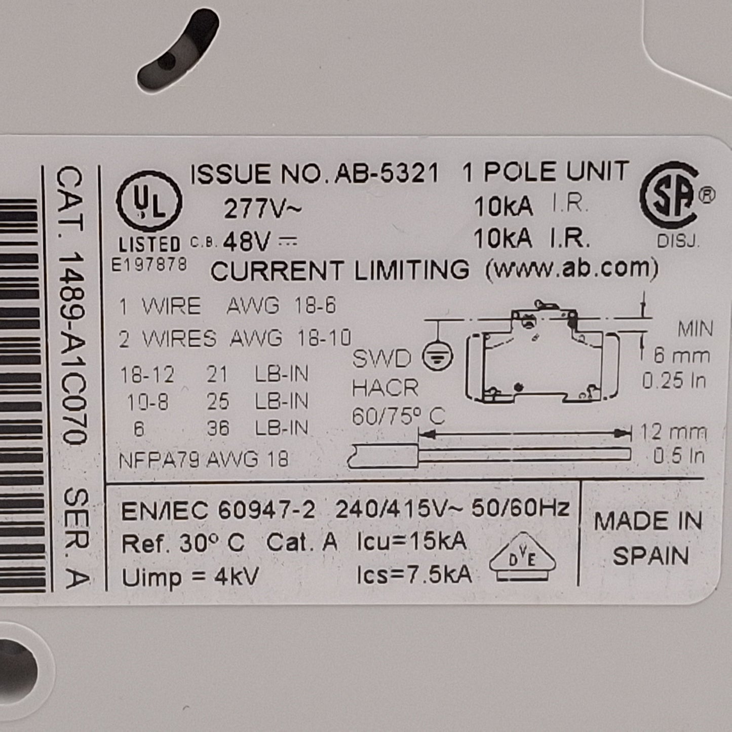 Used Lot of 2 Allen Bradley 1489-A1C070 Circuit Breaker, 1P, 7A 277VAC/48VDC, C-Curve