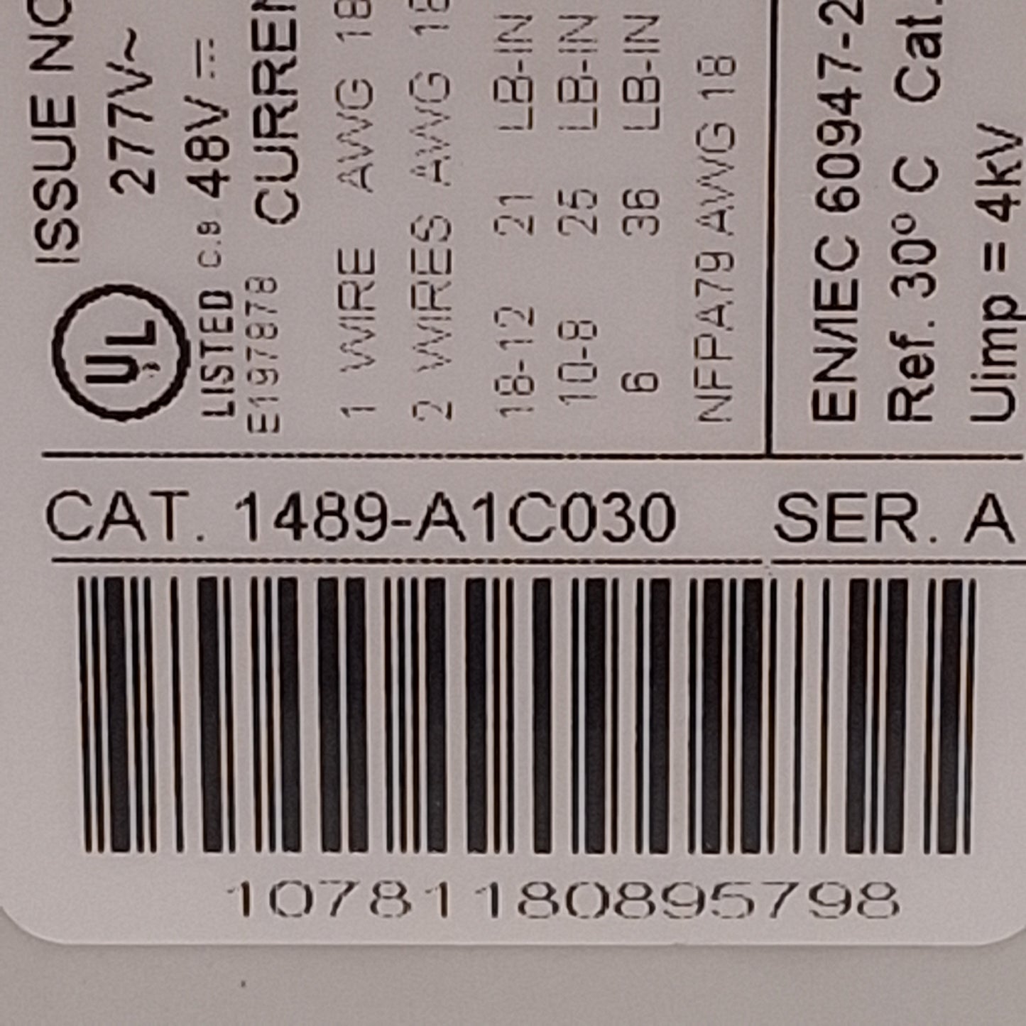Used Lot of 10 Allen Bradley 1489-A1C030 Circuit Breaker 1P, 3A 277VAC/48VDC, C-Curve