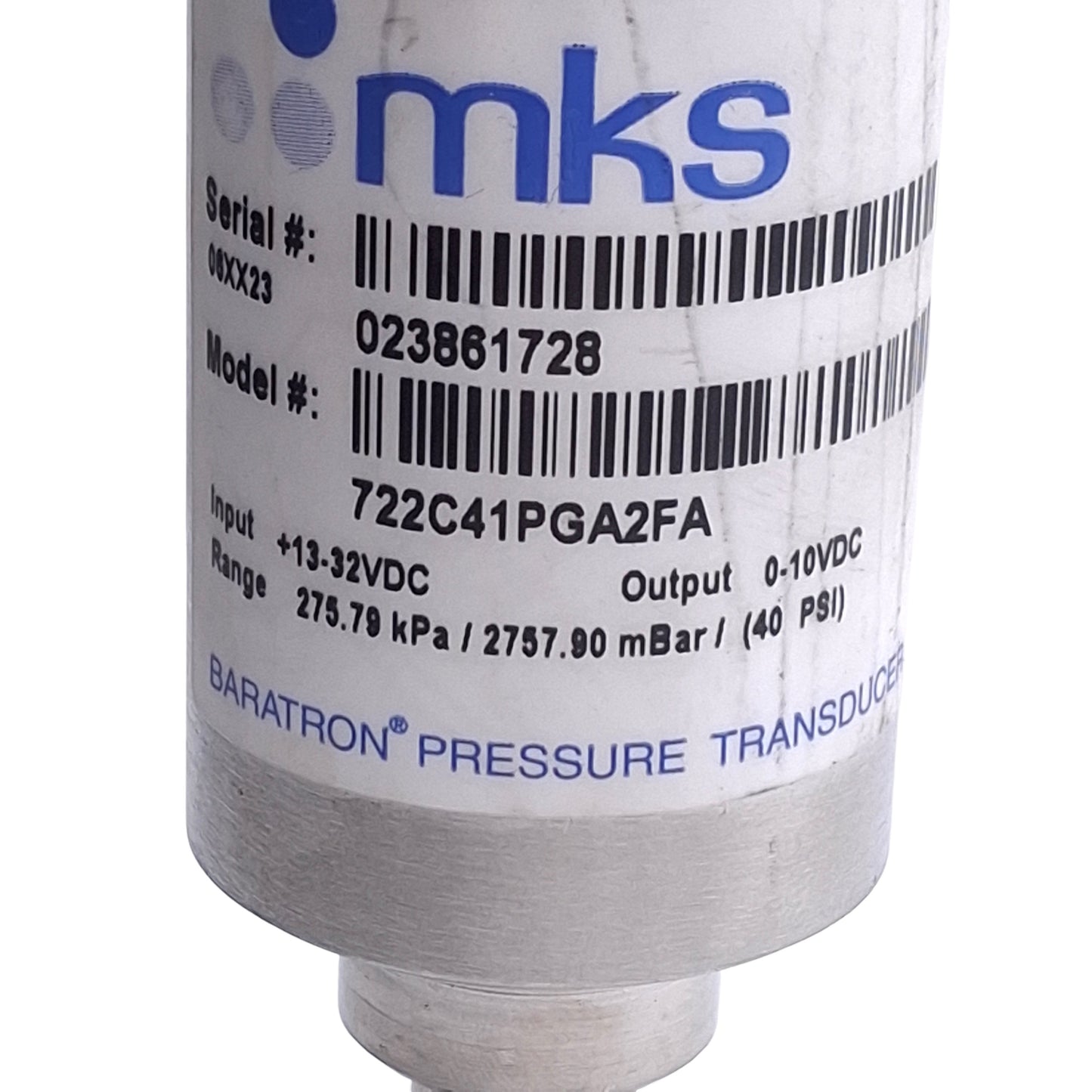 Used MKS 722C41PGA2FA Absolute Baratron Capacitance Manometer, 40psi Range, 10VDC Out