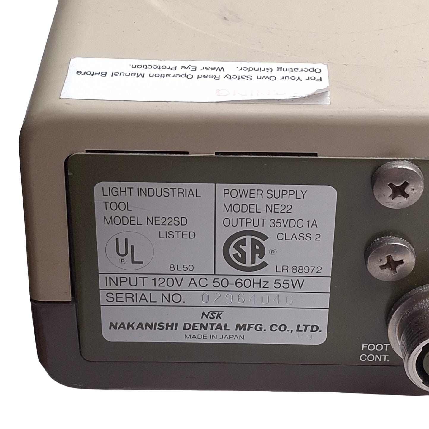 Used NSK Nakanishi NE22 Volvere GX Laboratory Drill Power Supply Controller, 120VAC