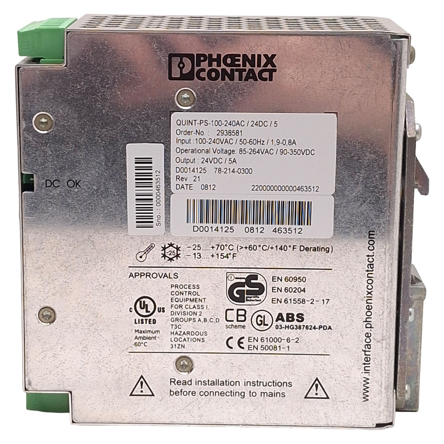 Used Phoenix Contact QUINT-PS-100-240VAC/24DC/5 Power Supply 100-240VAC In, 24VDC Out