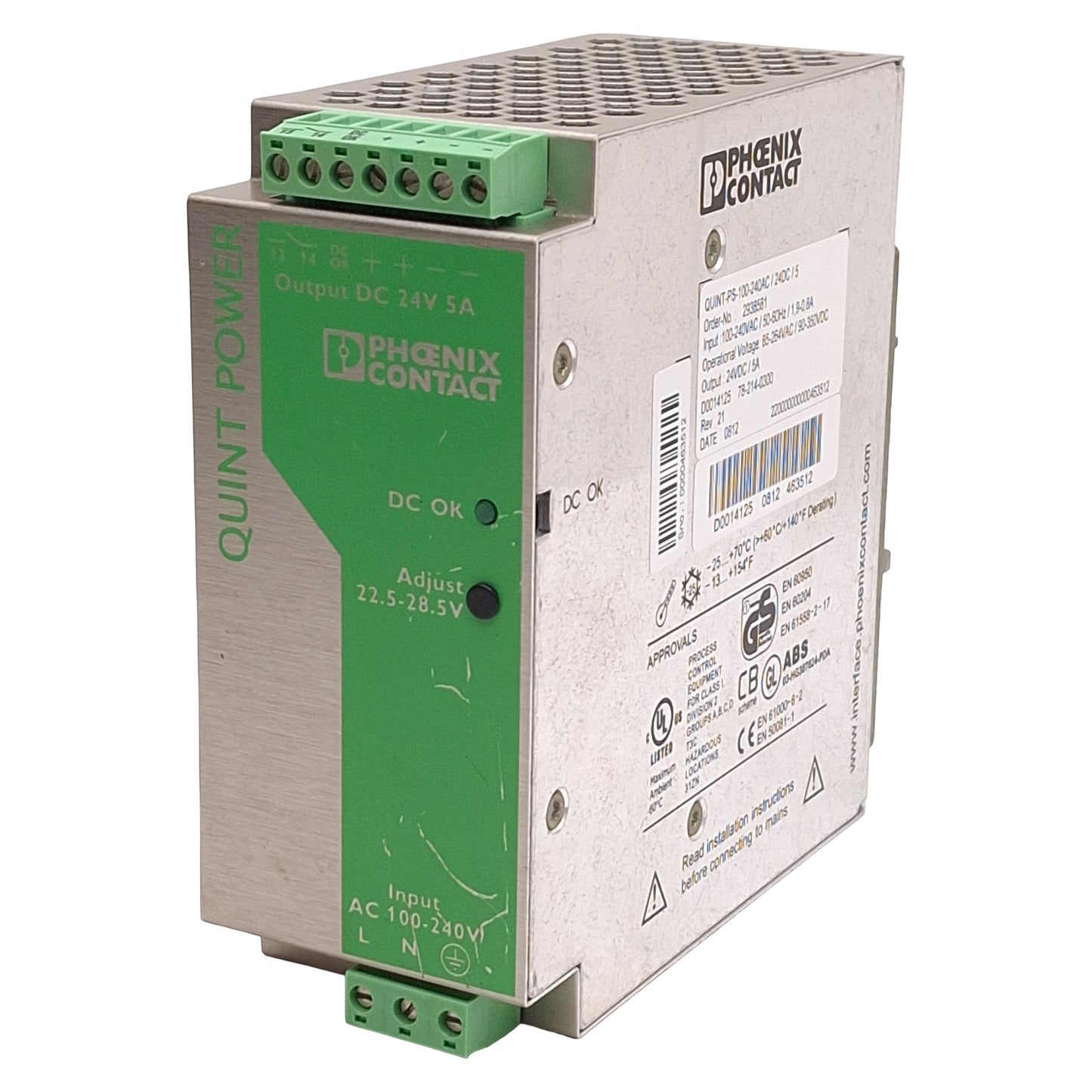 Used Phoenix Contact QUINT-PS-100-240VAC/24DC/5 Power Supply 100-240VAC In, 24VDC Out