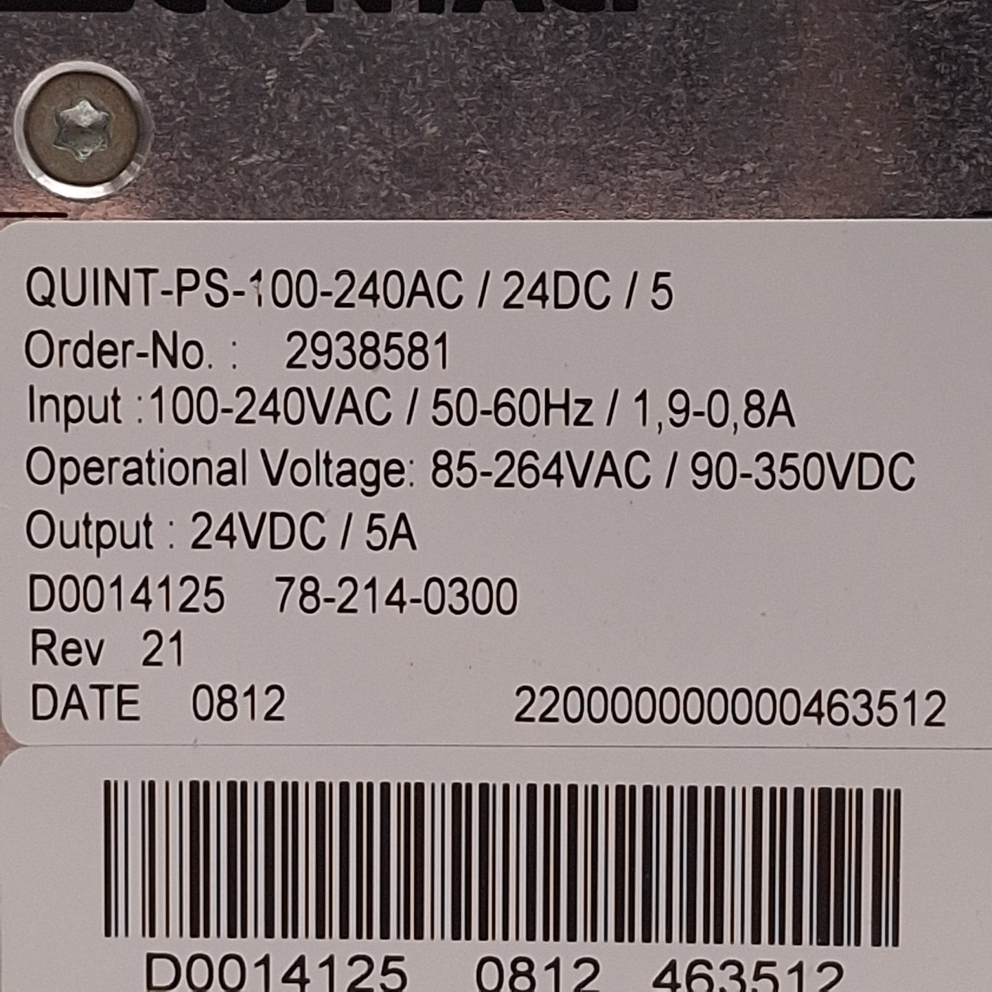 Used Phoenix Contact QUINT-PS-100-240VAC/24DC/5 Power Supply 100-240VAC In, 24VDC Out