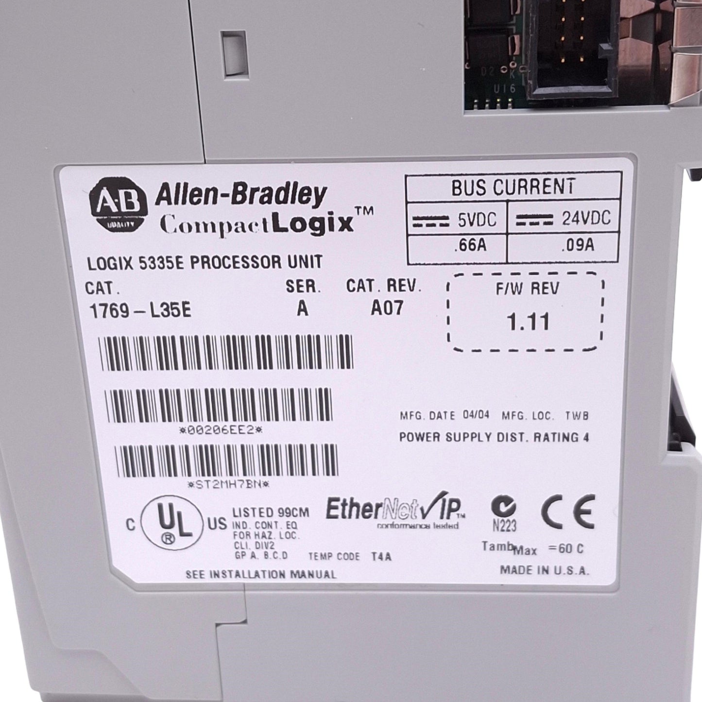 Used Allen Bradley 1769-L35E CompactLogix 5335E Controller, 1.5MB, Ethernet/IP, 24VDC