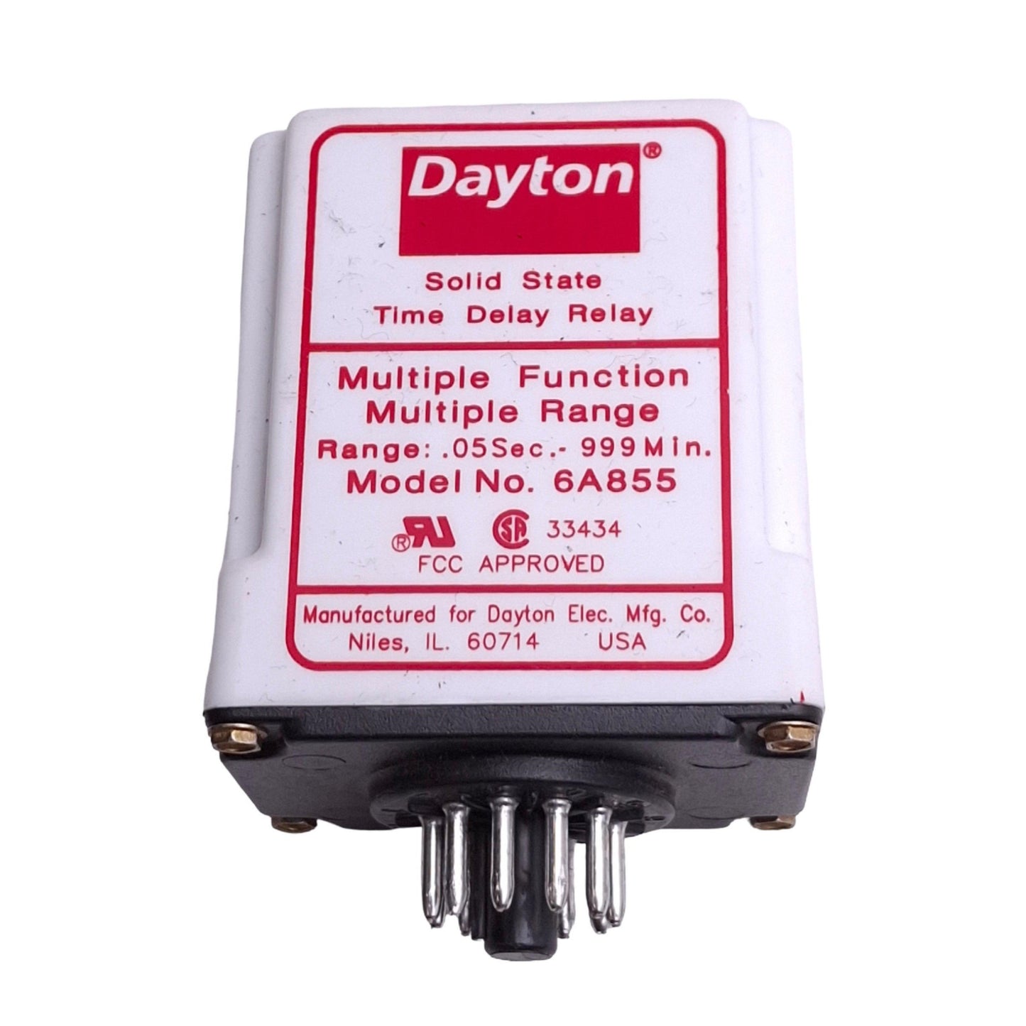 Used Dayton 6A855 Solid State Time Delay Relay, 0.05sec-999min, 11-Pin, 120VAC In