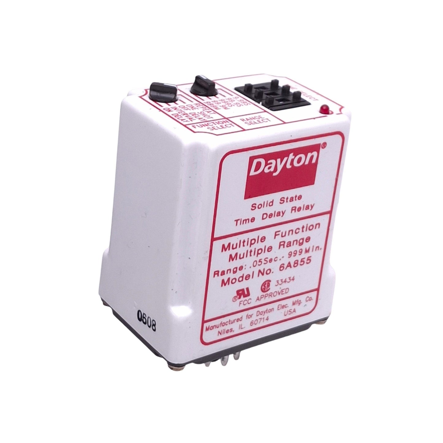 Used Dayton 6A855 Solid State Time Delay Relay, 0.05sec-999min, 11-Pin, 120VAC In