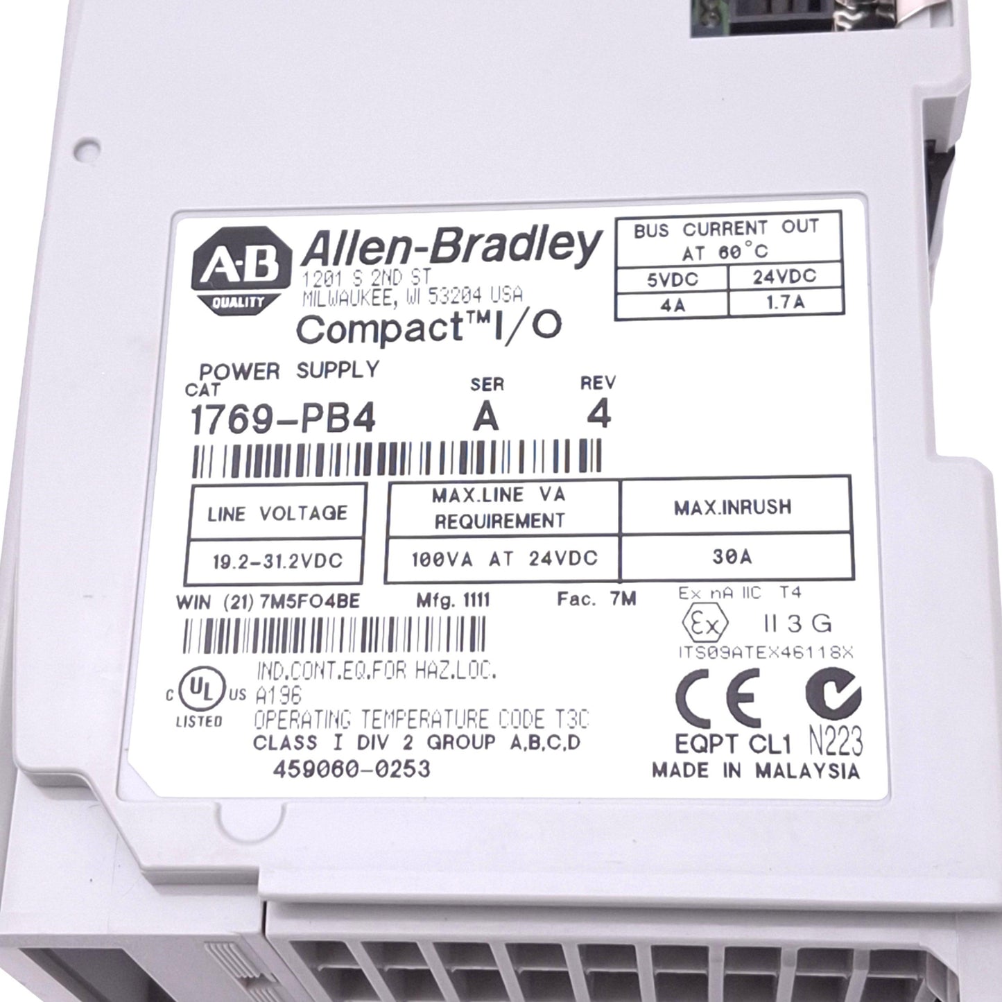 Used Allen Bradley 1769-PB4 Power Supply Module for Compact I/O PLC, 5VDC/24VDC Out